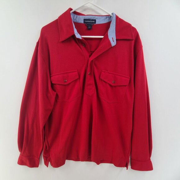 Lands' End Men's Polo Long Sleeve Collard Button Up Shirt Red Size L Casual Prep - Picture 1 of 6